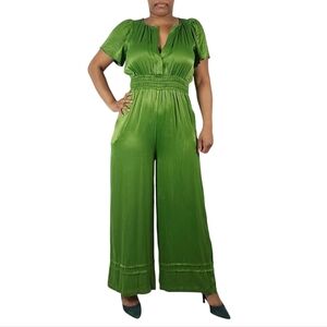 Anthropologie Green V-Neck Short Sleeve Jumpsuit